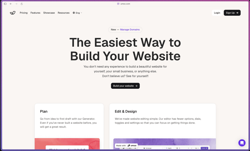 Umso homepage showing the AI website generator, simplified editor, and one-click publishing tools