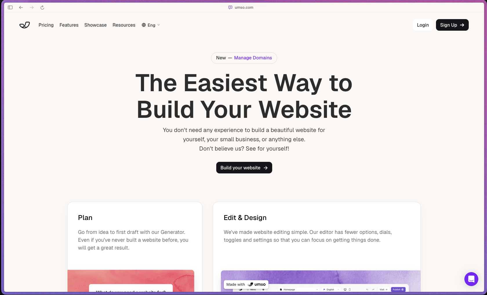 Umso homepage showing the AI website generator, simplified editor, and one-click publishing tools