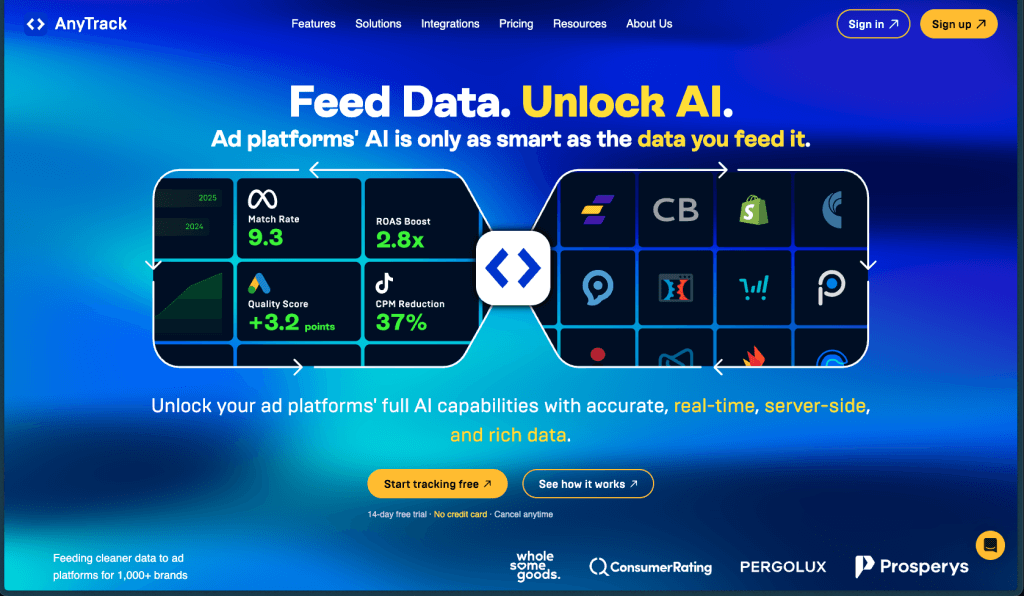 AnyTrack dashboard showing multi-channel conversion tracking and ad attribution for performance marketers