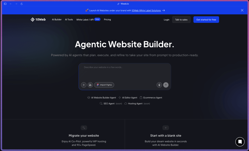 10Web homepage showing AI website generation interface, managed WordPress hosting features, and multi-agent website builder dashboard