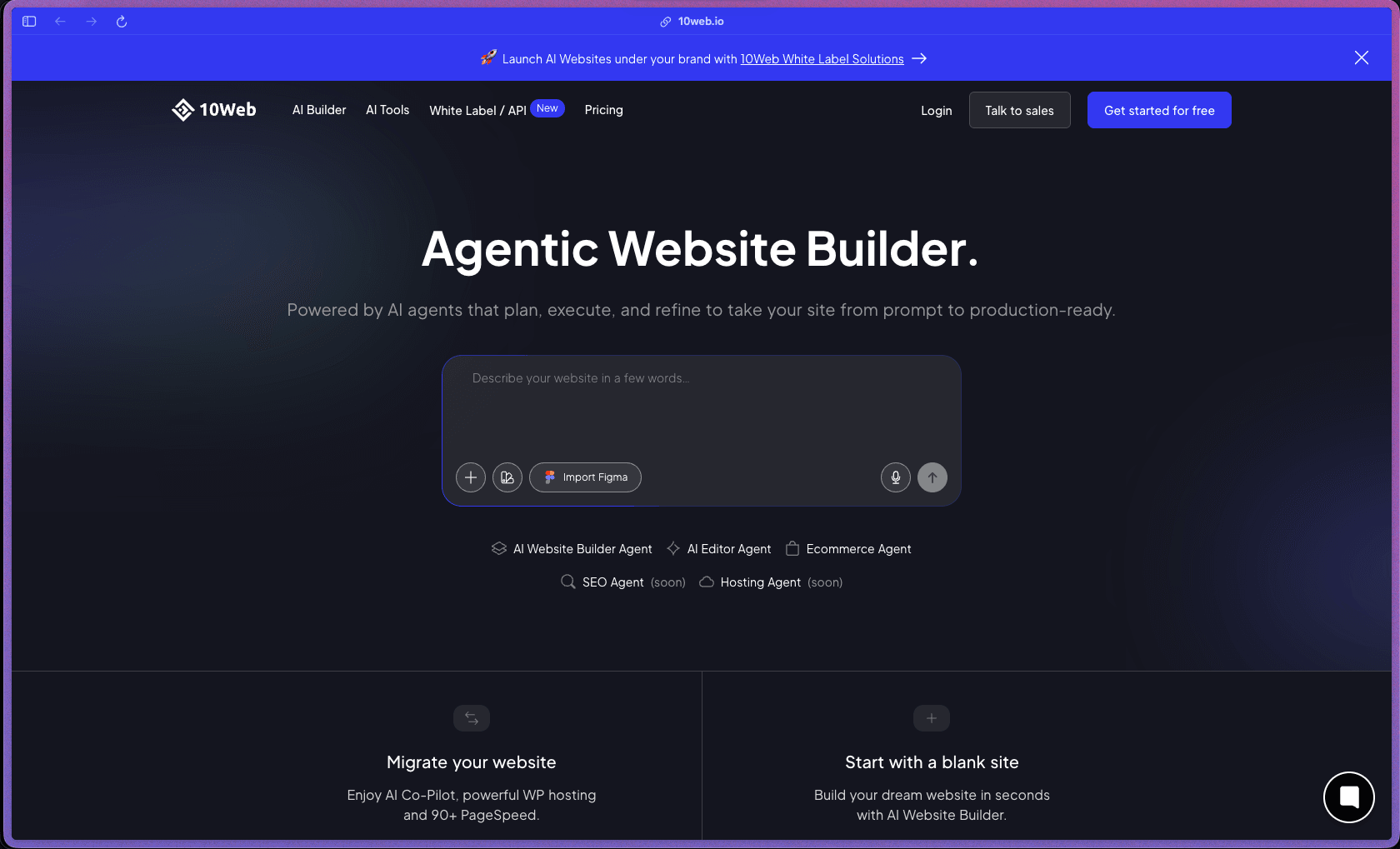 10Web homepage showing AI website generation interface, managed WordPress hosting features, and multi-agent website builder dashboard