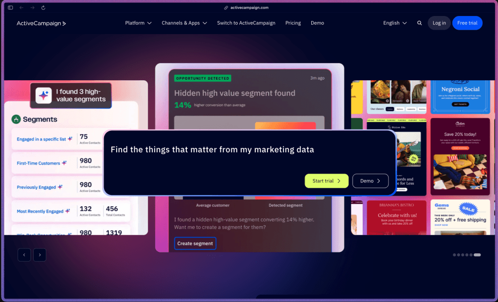 ActiveCampaign homepage showing email marketing automation platform with visual workflow builder, CRM pipeline, AI-powered Active Intelligence, and 1000+ integrations