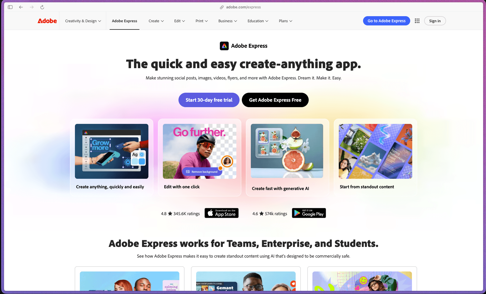 Adobe Express homepage showing drag-and-drop design editor, AI content generation with Adobe Firefly, social media templates, brand kit, and video editing tools