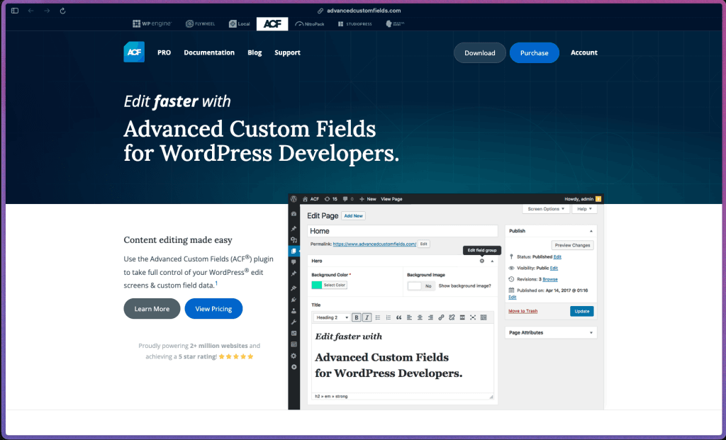 Advanced Custom Fields ACF homepage showing WordPress custom field builder, 30+ field types, repeater fields, and ACF PRO features for developers