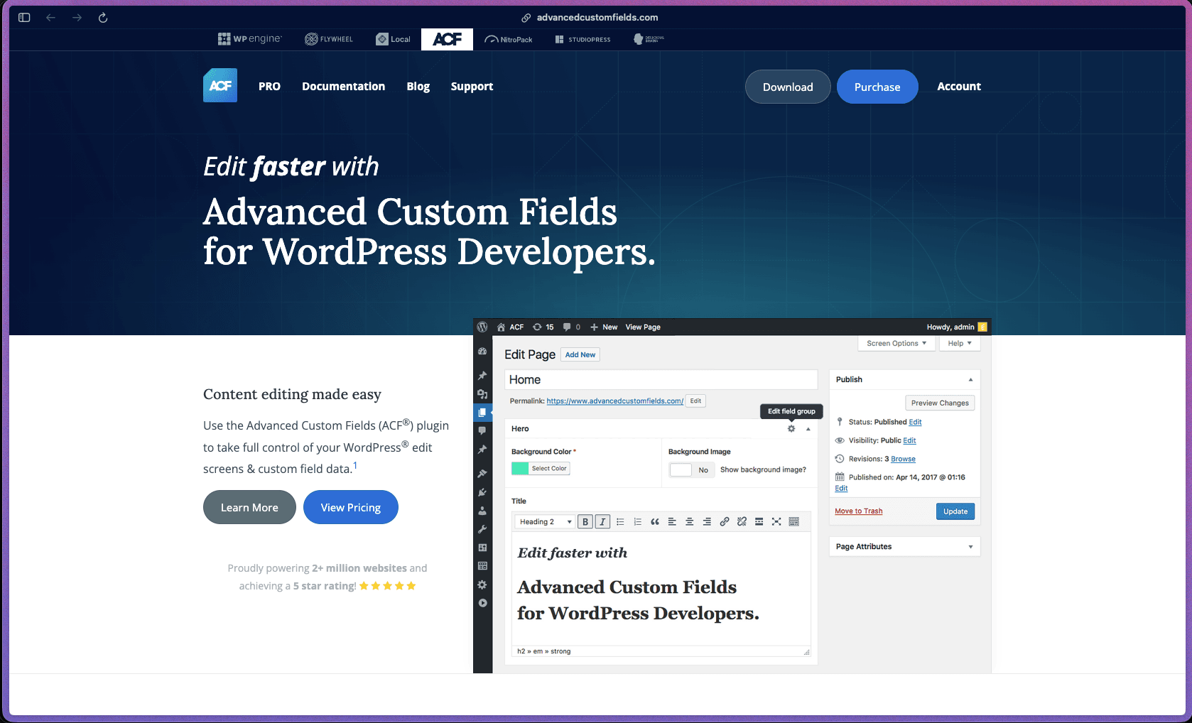 Advanced Custom Fields ACF homepage showing WordPress custom field builder, 30+ field types, repeater fields, and ACF PRO features for developers