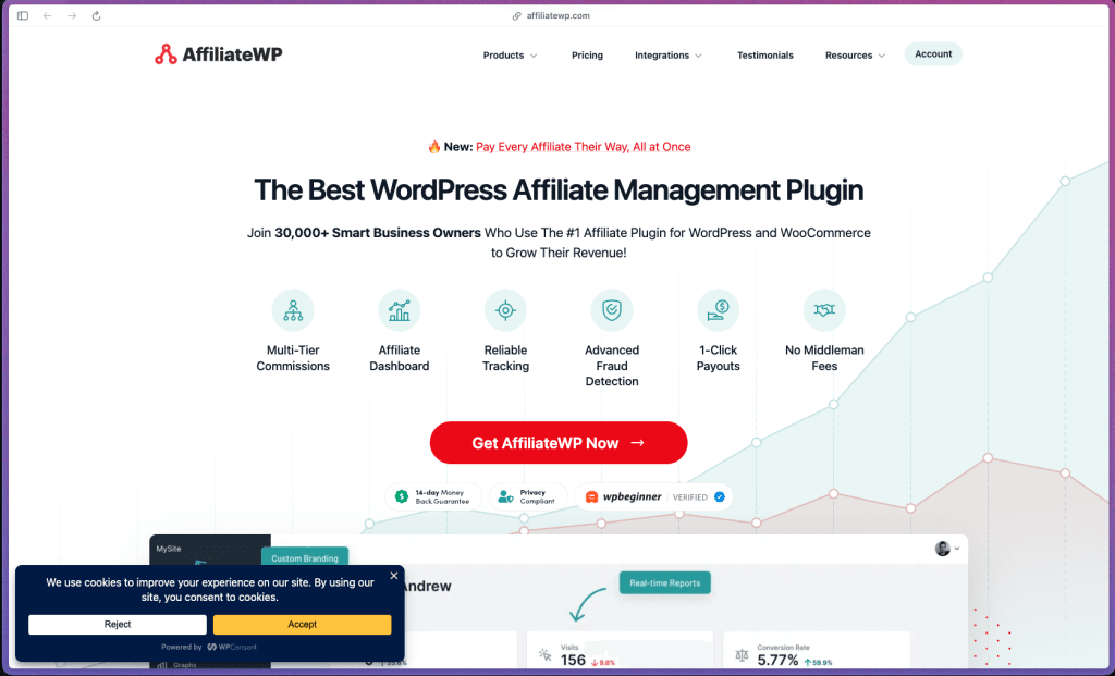AffiliateWP homepage showing WordPress affiliate program plugin features including referral tracking, 1-click payouts, and WooCommerce integration