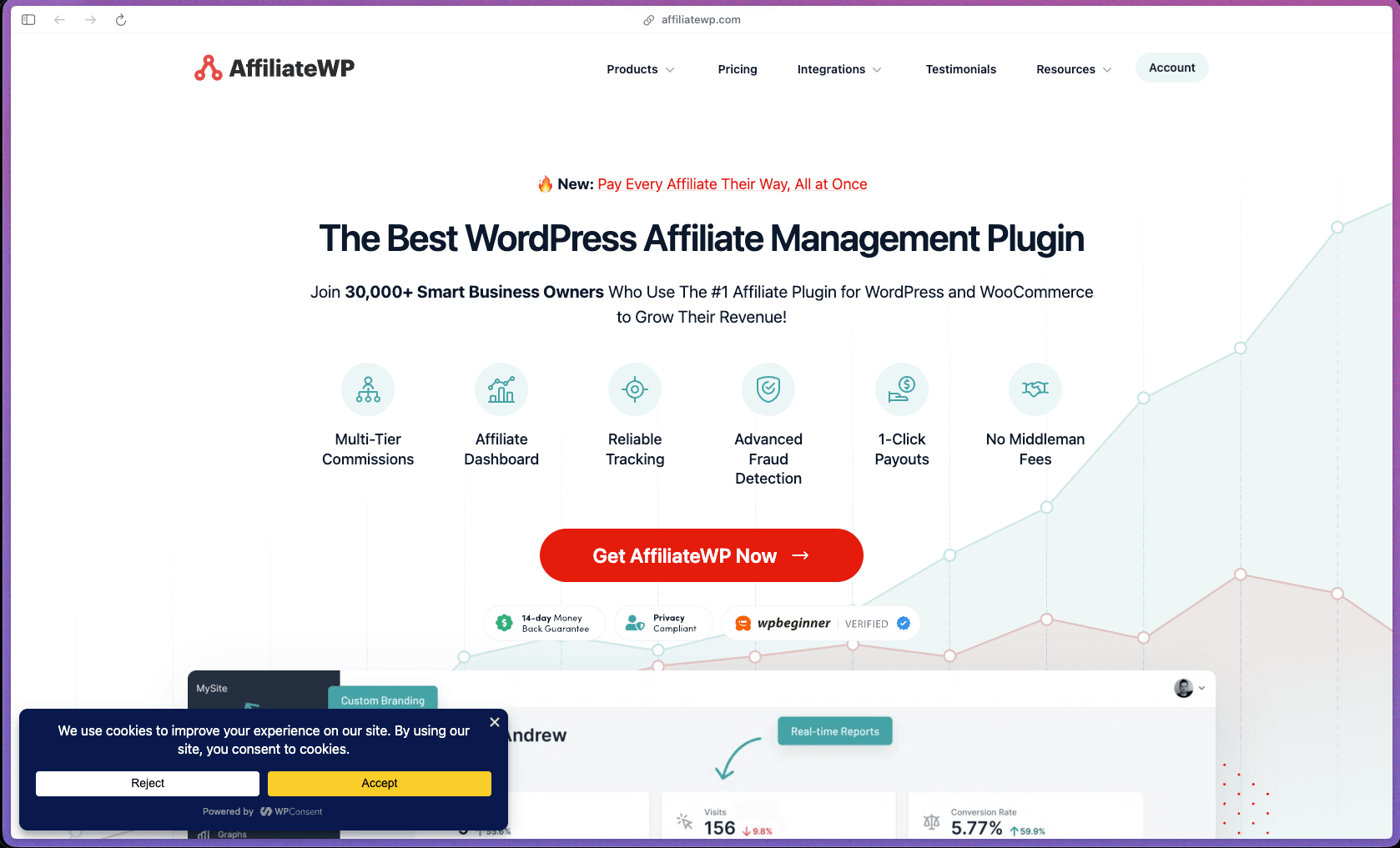 AffiliateWP homepage showing WordPress affiliate program plugin features including referral tracking, 1-click payouts, and WooCommerce integration