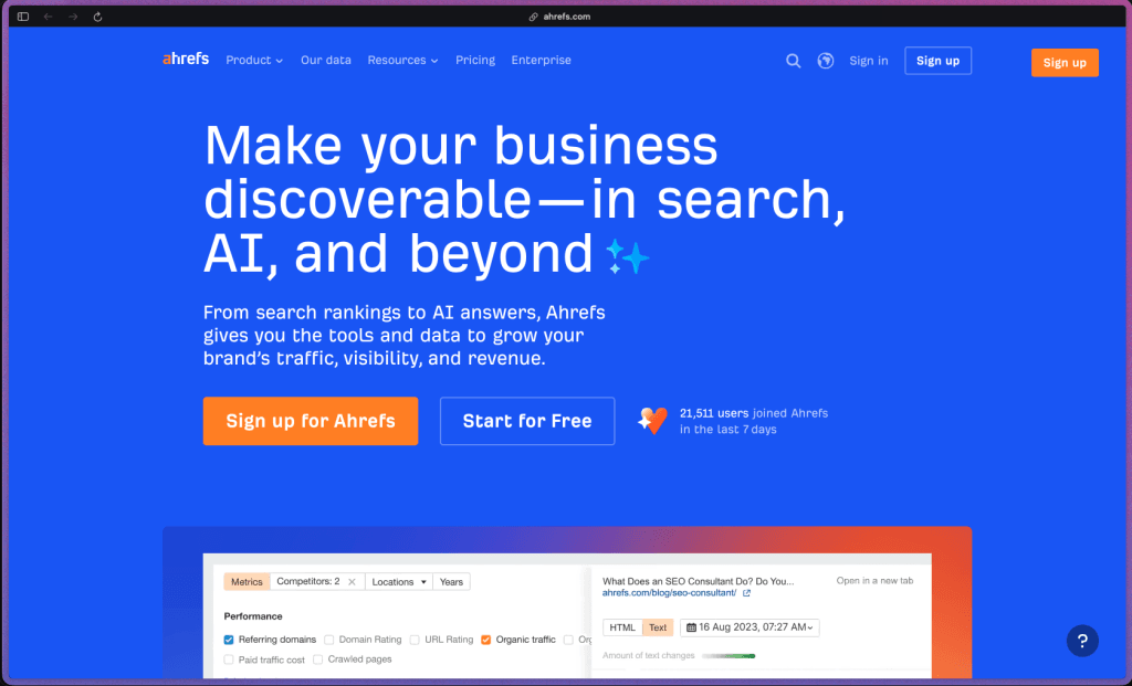 Ahrefs homepage showing SEO tools including Site Explorer, Keywords Explorer, Rank Tracker, Site Audit, and Brand Radar for AI chatbot visibility monitoring