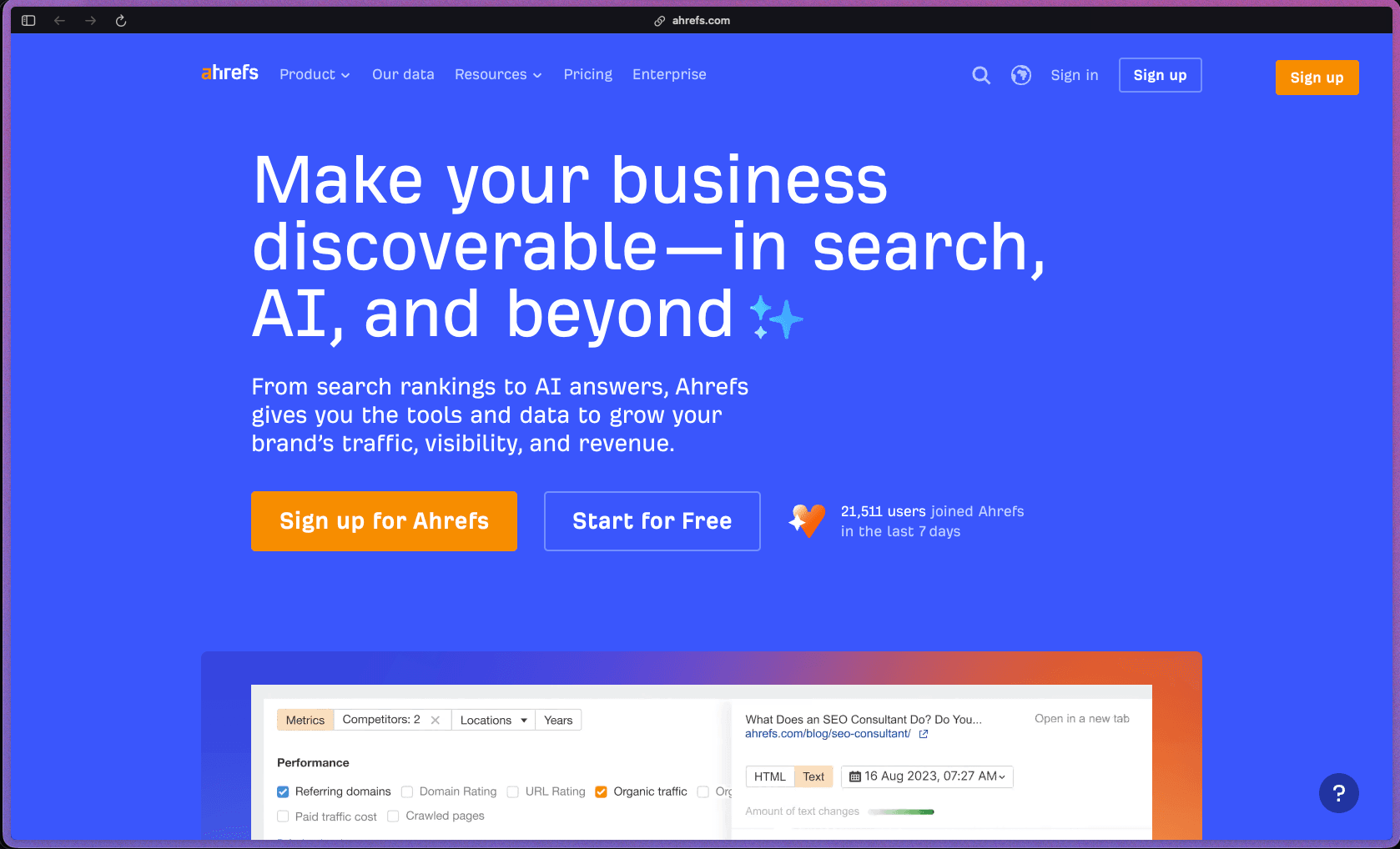 Ahrefs homepage showing SEO tools including Site Explorer, Keywords Explorer, Rank Tracker, Site Audit, and Brand Radar for AI chatbot visibility monitoring