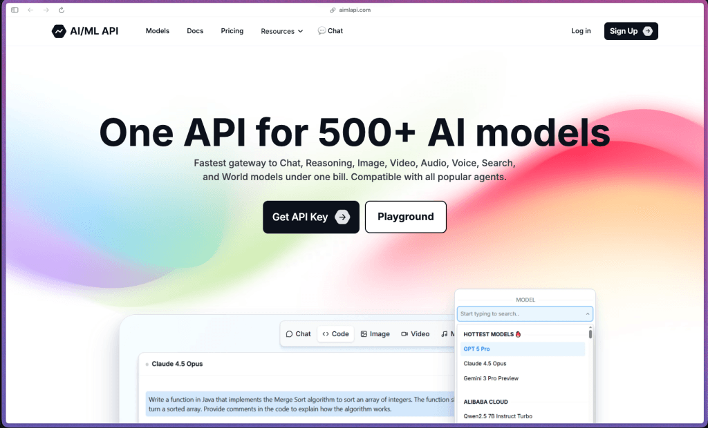 AI/ML API homepage showing unified API platform with access to 500+ AI models for text, image, video, audio, and code generation from OpenAI, Anthropic, Google, Meta, and DeepSeek