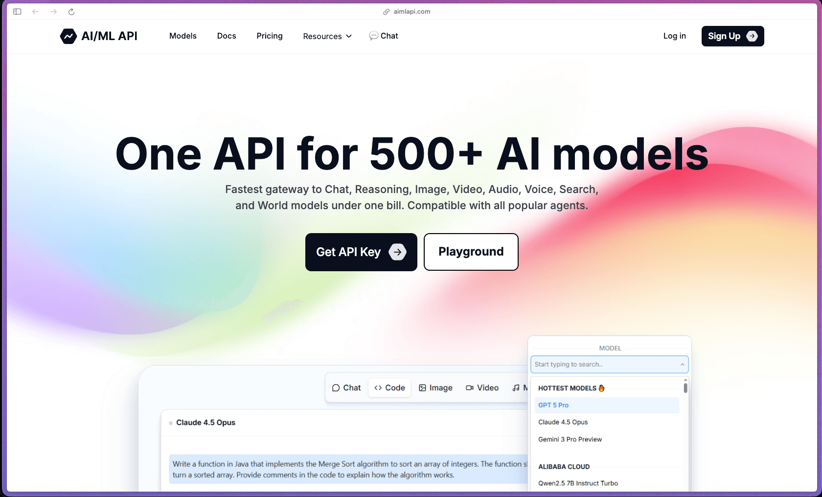 AI/ML API homepage showing unified API platform with access to 500+ AI models for text, image, video, audio, and code generation from OpenAI, Anthropic, Google, Meta, and DeepSeek