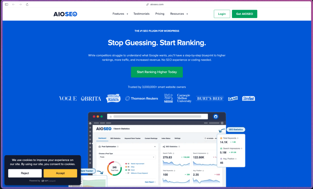 AIOSEO homepage showing WordPress SEO plugin dashboard with TruSEO content analysis, XML sitemap management, schema markup, local SEO, WooCommerce SEO, and Link Assistant features