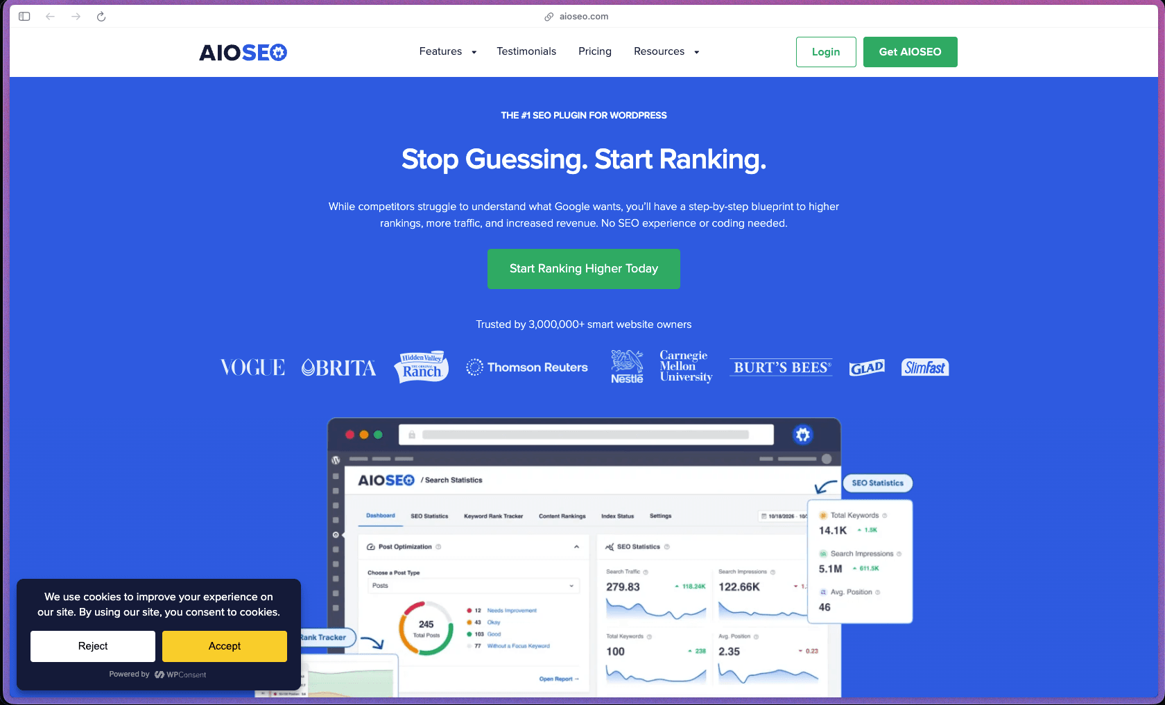 AIOSEO homepage showing WordPress SEO plugin dashboard with TruSEO content analysis, XML sitemap management, schema markup, local SEO, WooCommerce SEO, and Link Assistant features