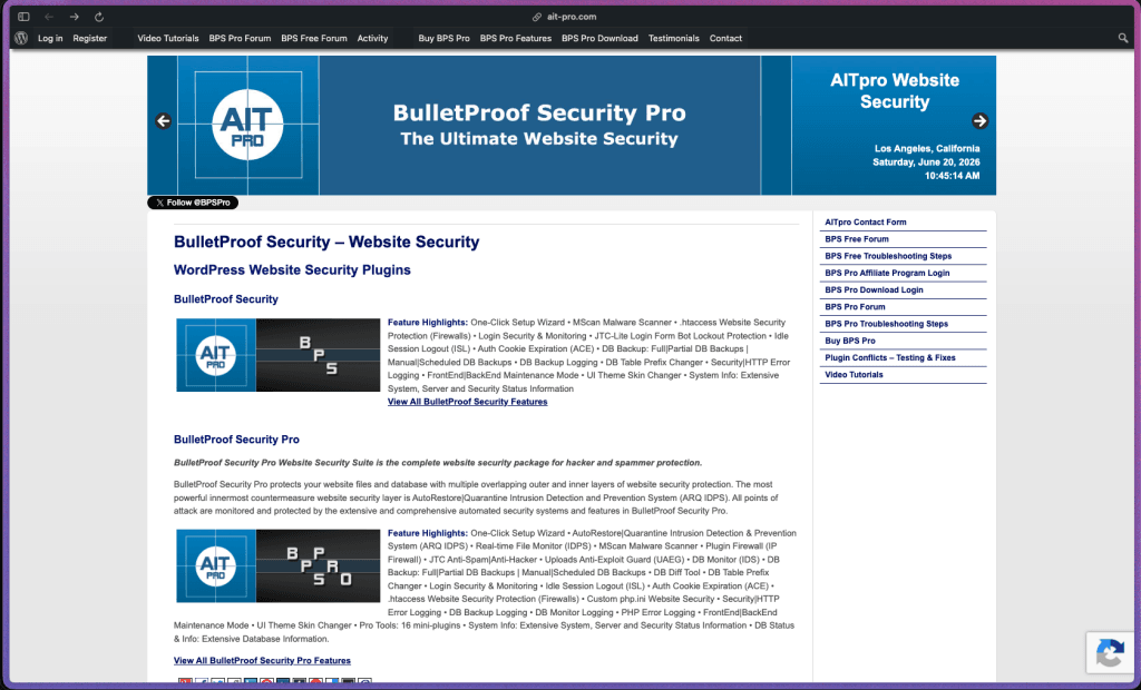 BulletProof Security homepage at ait-pro.com showing WordPress security plugin features including One-Click Setup Wizard, .htaccess website security firewall, MScan malware scanner, AutoRestore Quarantine intrusion detection and prevention system, real-time file monitor, JTC anti-spam and anti-hacker, uploads anti-exploit guard, database backup with scheduling and DB diff tool, login security and monitoring, idle session logout, auth cookie expiration, plugin firewall with IP blocking, DB table prefix changer, DB monitor IDS, security and HTTP error logging, frontend and backend maintenance mode, and 16 Pro mini-plugins