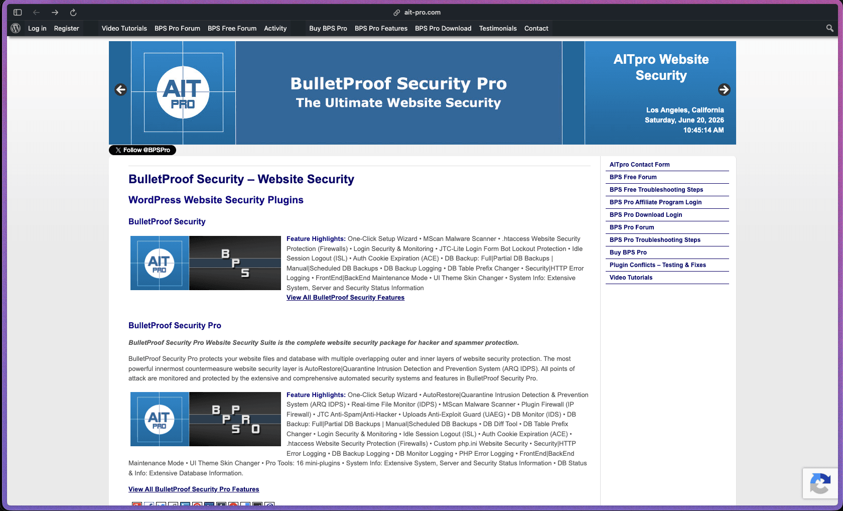 BulletProof Security homepage at ait-pro.com showing WordPress security plugin features including One-Click Setup Wizard, .htaccess website security firewall, MScan malware scanner, AutoRestore Quarantine intrusion detection and prevention system, real-time file monitor, JTC anti-spam and anti-hacker, uploads anti-exploit guard, database backup with scheduling and DB diff tool, login security and monitoring, idle session logout, auth cookie expiration, plugin firewall with IP blocking, DB table prefix changer, DB monitor IDS, security and HTTP error logging, frontend and backend maintenance mode, and 16 Pro mini-plugins