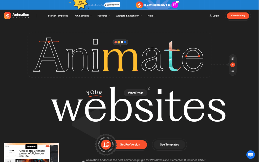 Animation Addons homepage showing GSAP-powered scroll animations and Elementor template library for WordPress