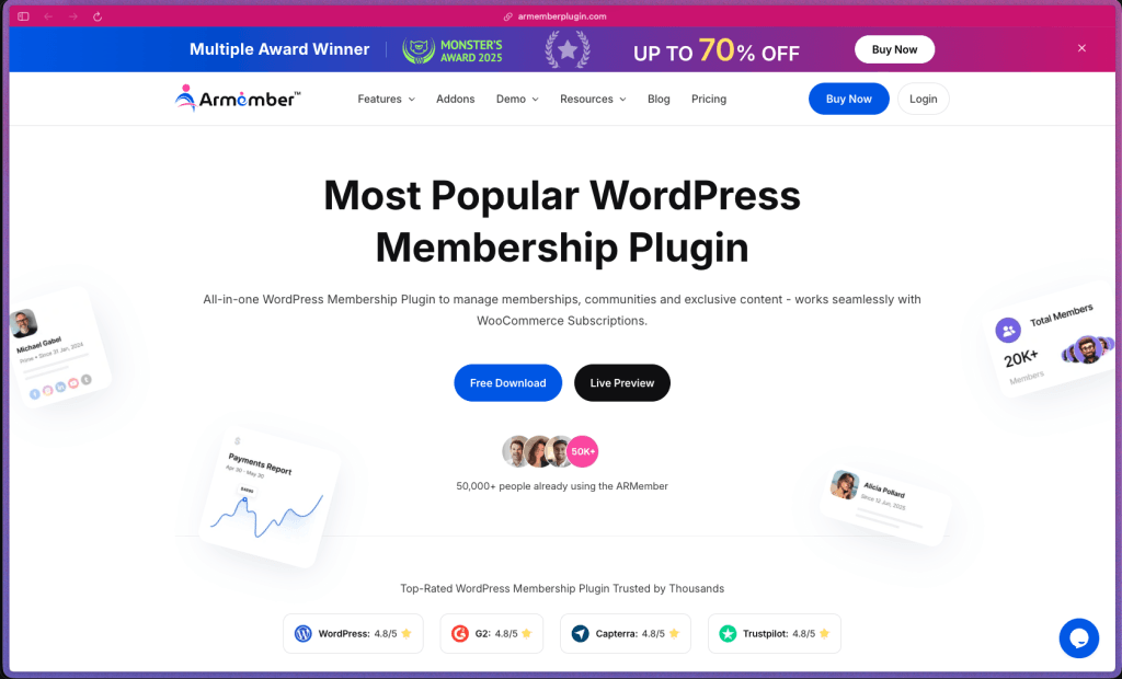 ARMember homepage showing WordPress membership plugin with content restriction, drip content scheduling, online courses, subscription plans, member profiles, gamification, and 22+ payment gateways