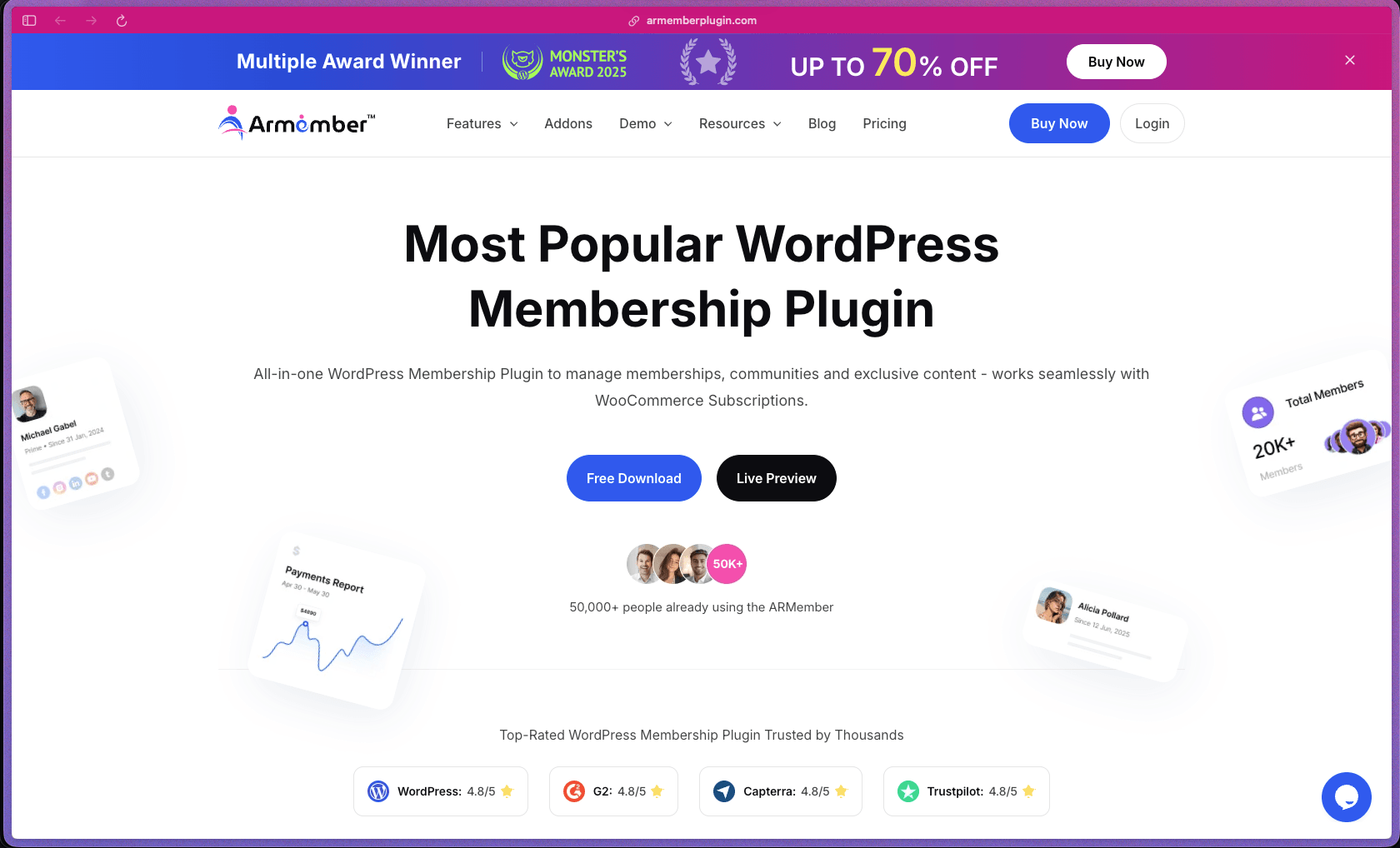 ARMember homepage showing WordPress membership plugin with content restriction, drip content scheduling, online courses, subscription plans, member profiles, gamification, and 22+ payment gateways