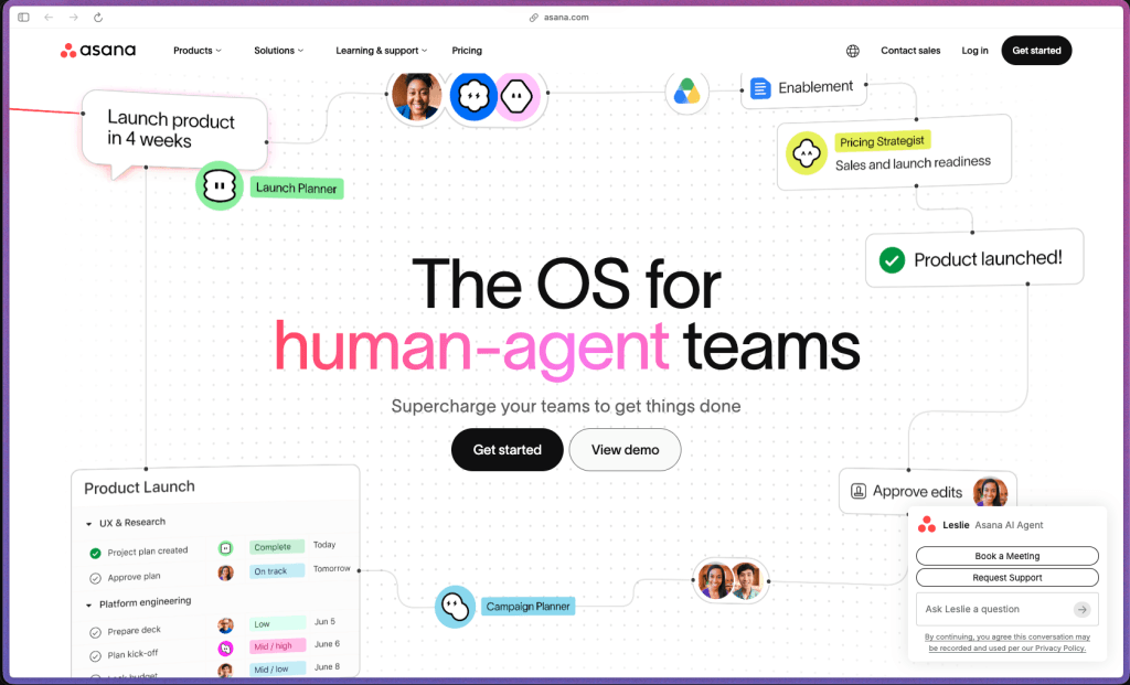 Asana homepage showing project management dashboard with Timeline view, Board view, task assignments, Workload balancing, Goals tracking, and AI-powered workflow automation