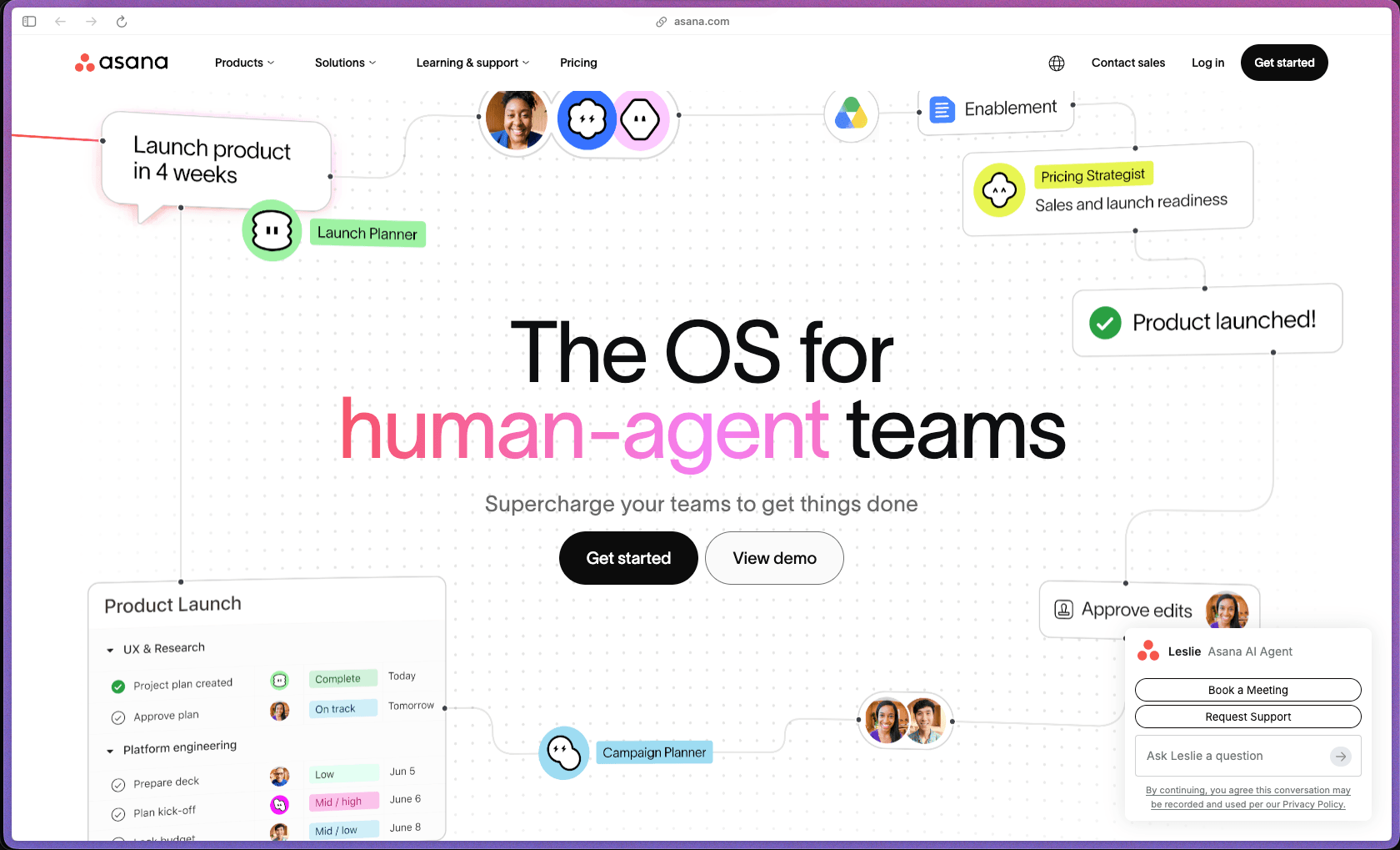 Asana homepage showing project management dashboard with Timeline view, Board view, task assignments, Workload balancing, Goals tracking, and AI-powered workflow automation