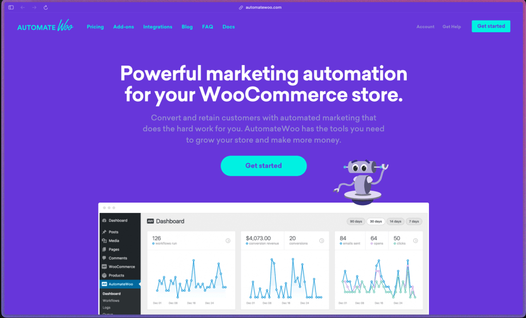 AutomateWoo homepage showing WooCommerce marketing automation plugin with abandoned cart recovery, follow-up emails, win-back campaigns, SMS notifications via Twilio, review rewards, wishlist marketing, subscription automation, personalized coupons, VIP customer tagging, and birthday emails