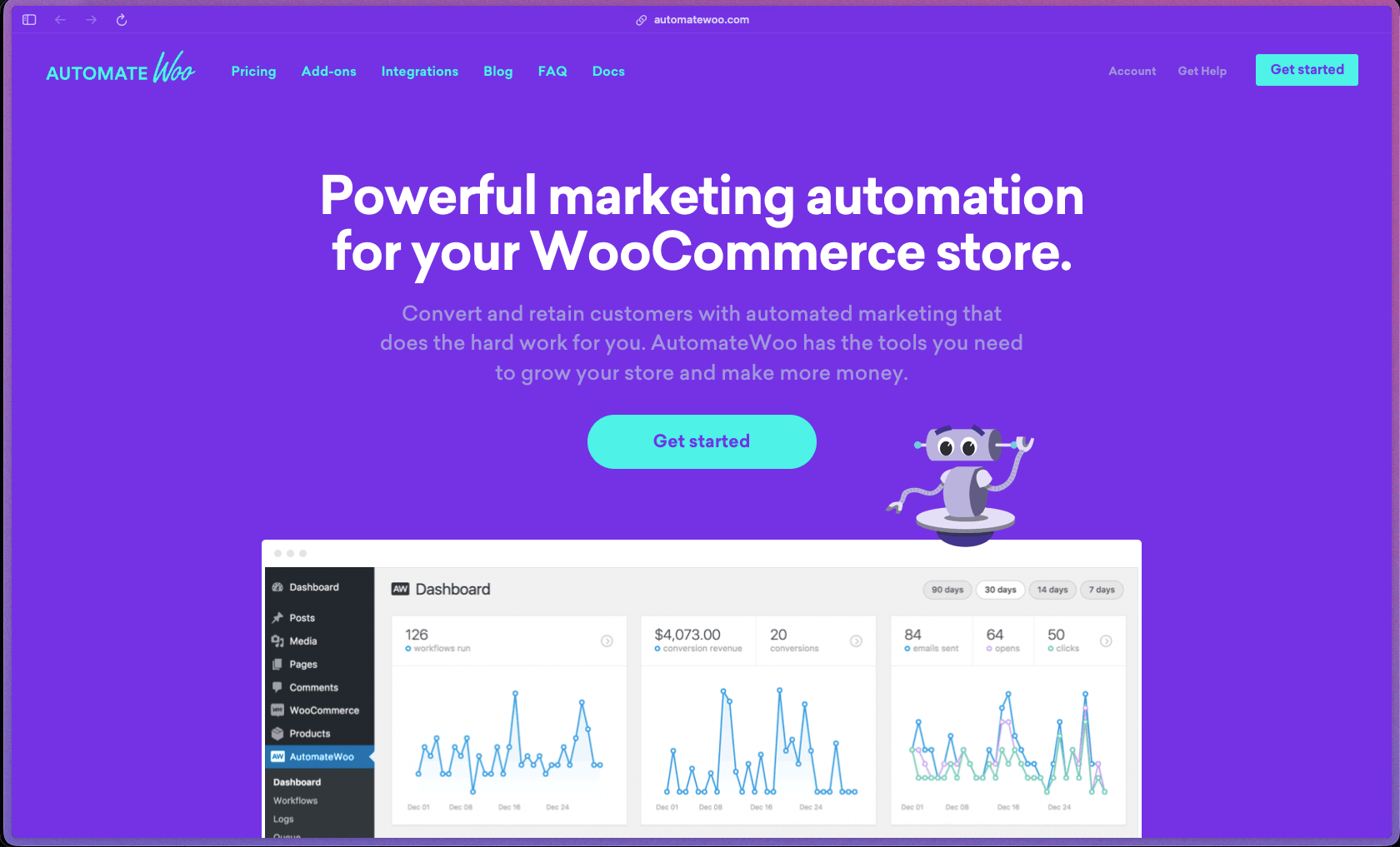 AutomateWoo homepage showing WooCommerce marketing automation plugin with abandoned cart recovery, follow-up emails, win-back campaigns, SMS notifications via Twilio, review rewards, wishlist marketing, subscription automation, personalized coupons, VIP customer tagging, and birthday emails