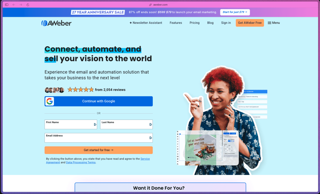 AWeber homepage showing email marketing platform with AI newsletter assistant, drag-and-drop email builder, landing page builder, automation workflows with split paths, signup forms, web push notifications, 750+ integrations, and a free plan for up to 500 subscribers