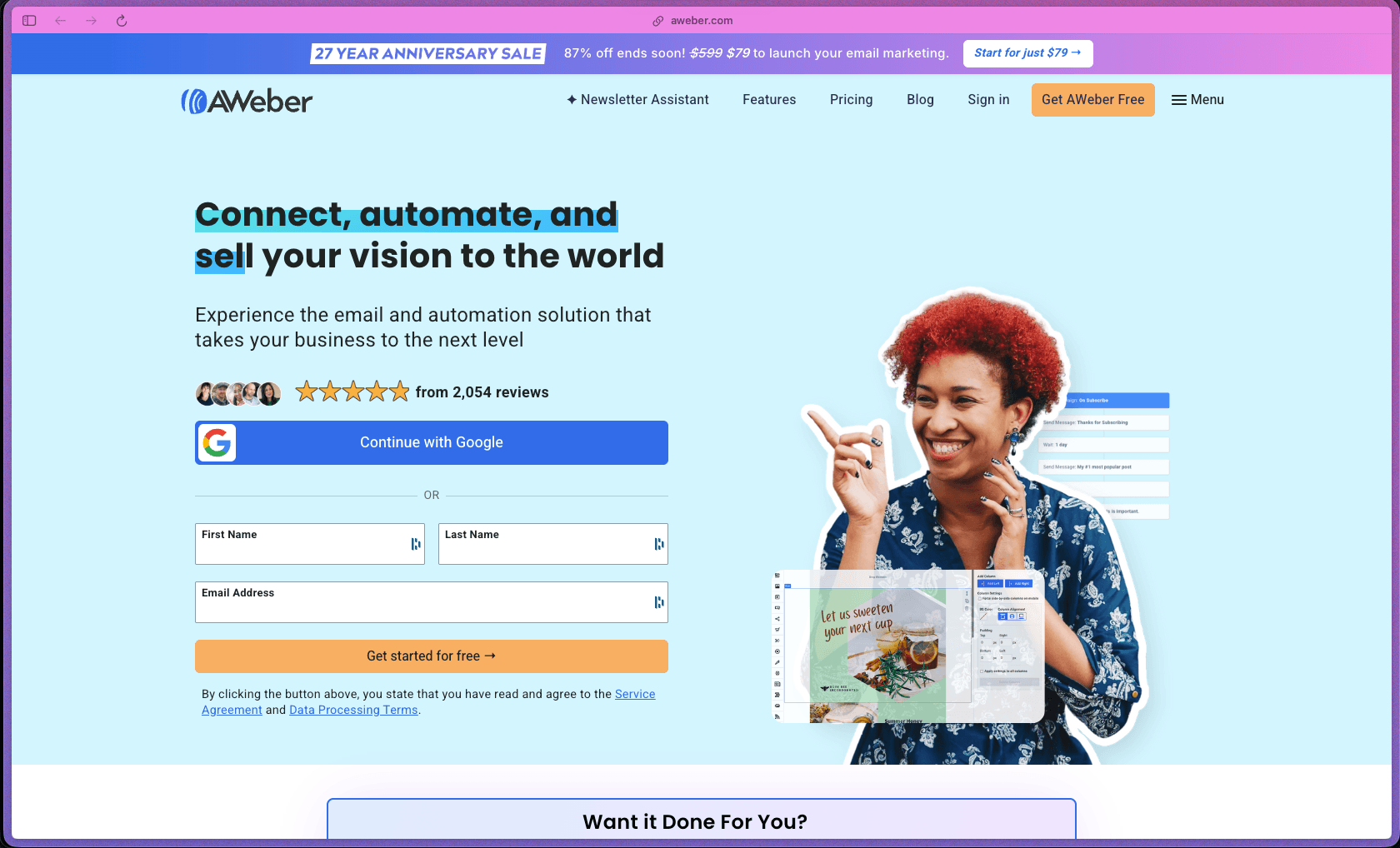 AWeber homepage showing email marketing platform with AI newsletter assistant, drag-and-drop email builder, landing page builder, automation workflows with split paths, signup forms, web push notifications, 750+ integrations, and a free plan for up to 500 subscribers