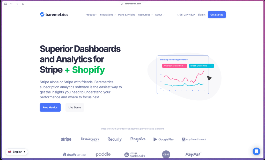 Baremetrics homepage showing SaaS subscription analytics platform with real-time MRR and ARR dashboard, churn rate tracking, customer LTV reporting, cohort analysis, financial forecasting, failed payment recovery (Recover module), cancellation insights feedback collection, and native Stripe, Braintree, and PayPal integrations