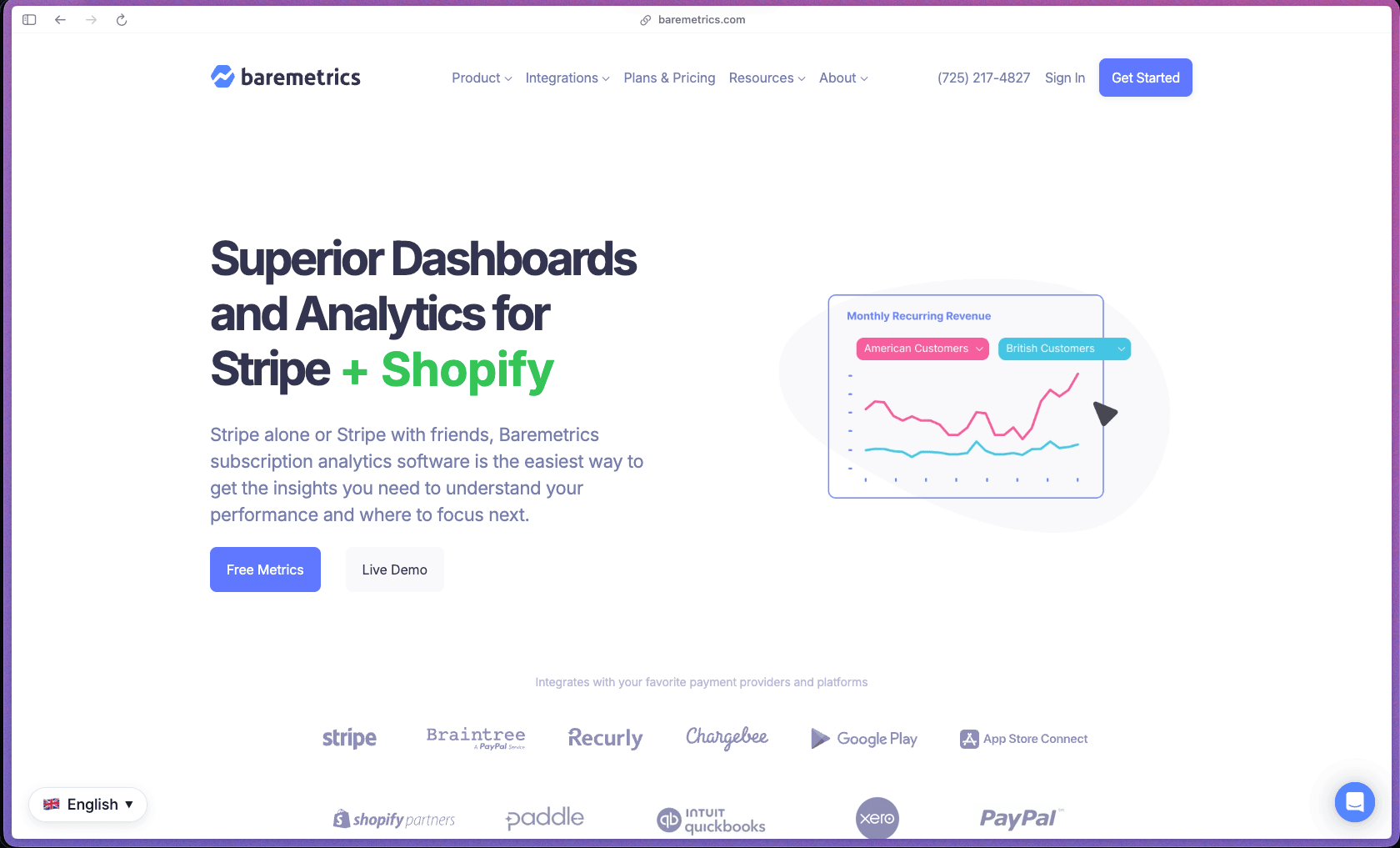Baremetrics homepage showing SaaS subscription analytics platform with real-time MRR and ARR dashboard, churn rate tracking, customer LTV reporting, cohort analysis, financial forecasting, failed payment recovery (Recover module), cancellation insights feedback collection, and native Stripe, Braintree, and PayPal integrations