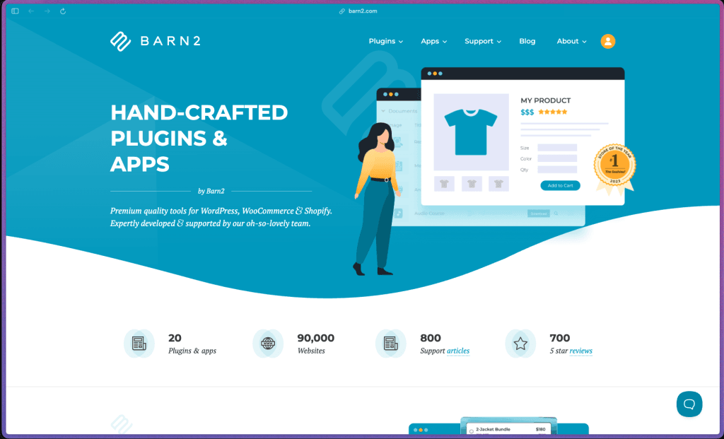 Barn2 Plugins homepage showing WordPress and WooCommerce plugin suite including WooCommerce Product Table, Document Library Pro, WooCommerce Product Options, Product Filters, Wholesale Pro, Protected Categories, Fast Cart, Discount Manager, and All Access Pass bundle covering 20+ plugins with a single annual license