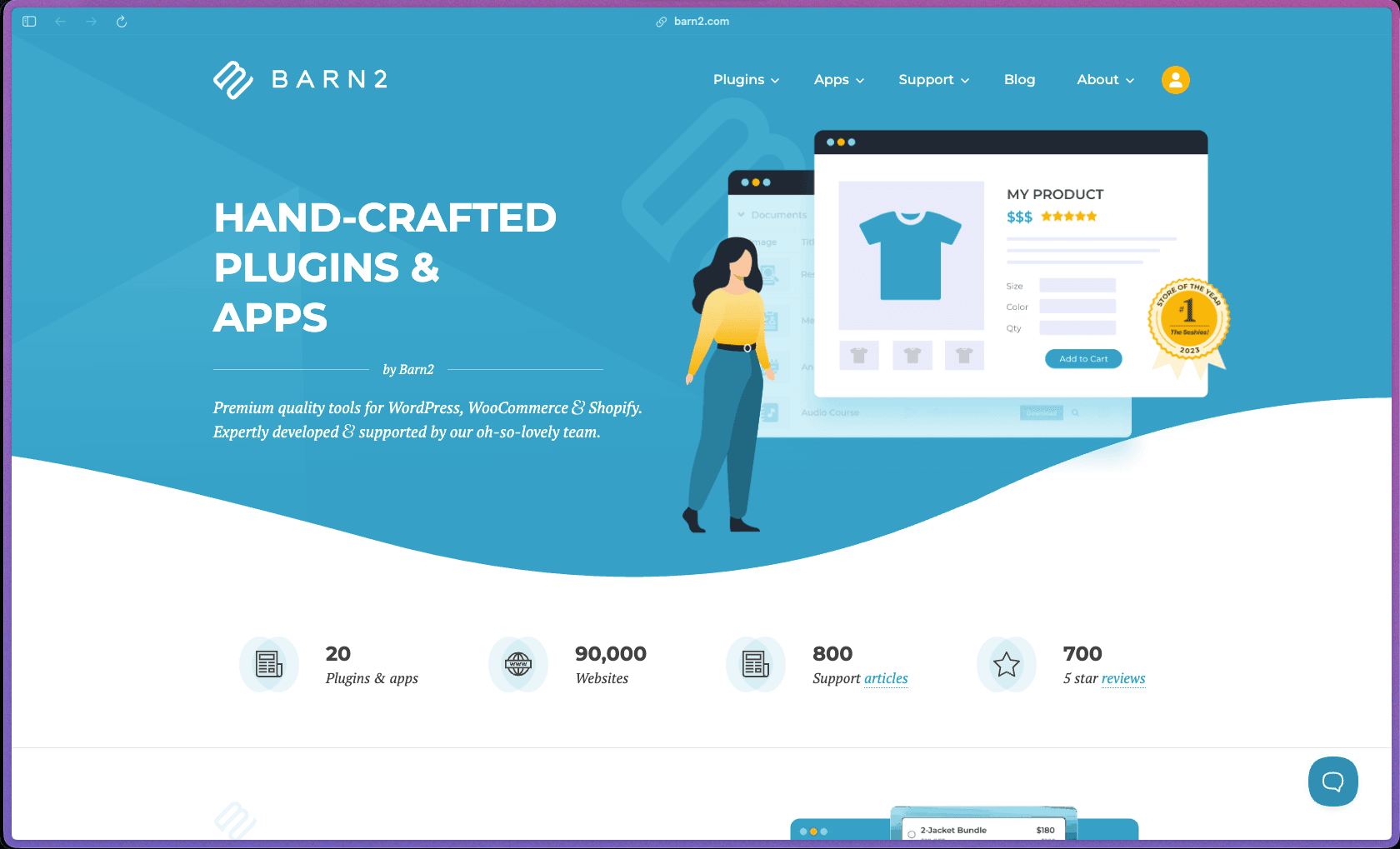 Barn2 Plugins homepage showing WordPress and WooCommerce plugin suite including WooCommerce Product Table, Document Library Pro, WooCommerce Product Options, Product Filters, Wholesale Pro, Protected Categories, Fast Cart, Discount Manager, and All Access Pass bundle covering 20+ plugins with a single annual license