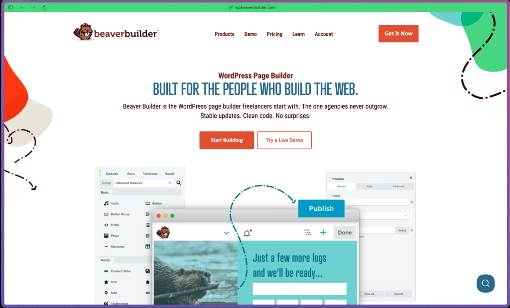 Beaver Builder homepage showing WordPress drag-and-drop page builder with front-end visual editing, 30+ content modules, 170+ page templates, Beaver Themer for custom headers and footers, Loop Builder for post grid layouts, WooCommerce product page design, ACF integration, and white-label agency option on Unlimited plan