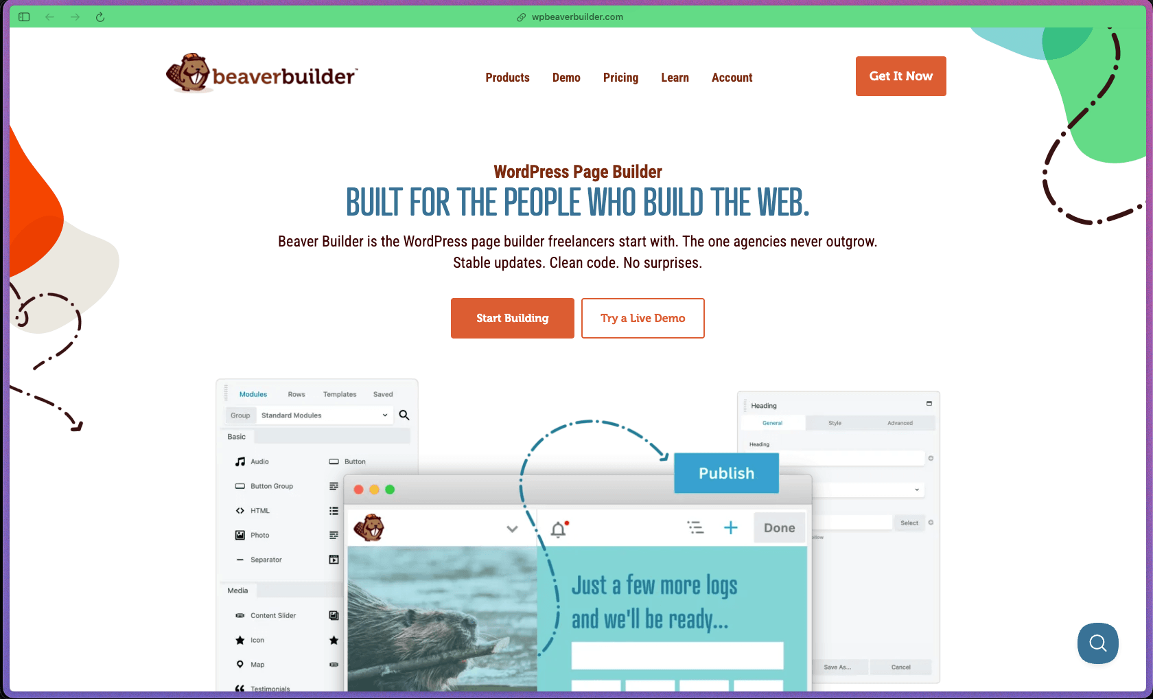 Beaver Builder homepage showing WordPress drag-and-drop page builder with front-end visual editing, 30+ content modules, 170+ page templates, Beaver Themer for custom headers and footers, Loop Builder for post grid layouts, WooCommerce product page design, ACF integration, and white-label agency option on Unlimited plan