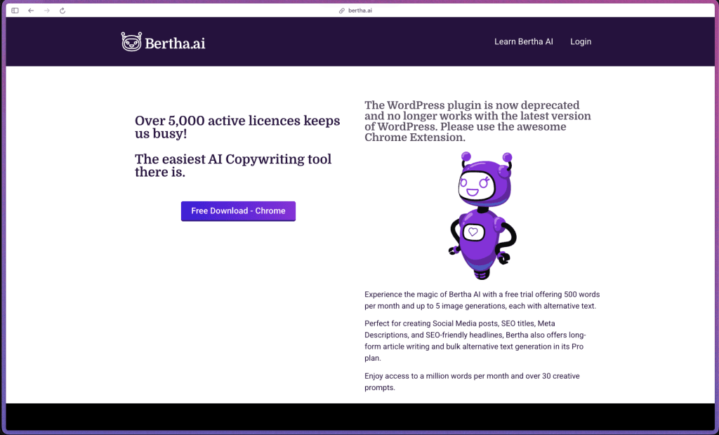 Bertha AI homepage showing AI writing assistant for WordPress and Chrome with 40+ content templates, AI blog post generator, SEO meta description tools, Bertha Art AI image generation with automatic alt text, WooCommerce product description generation, bulk alt text for media library, and Chrome extension for use outside WordPress