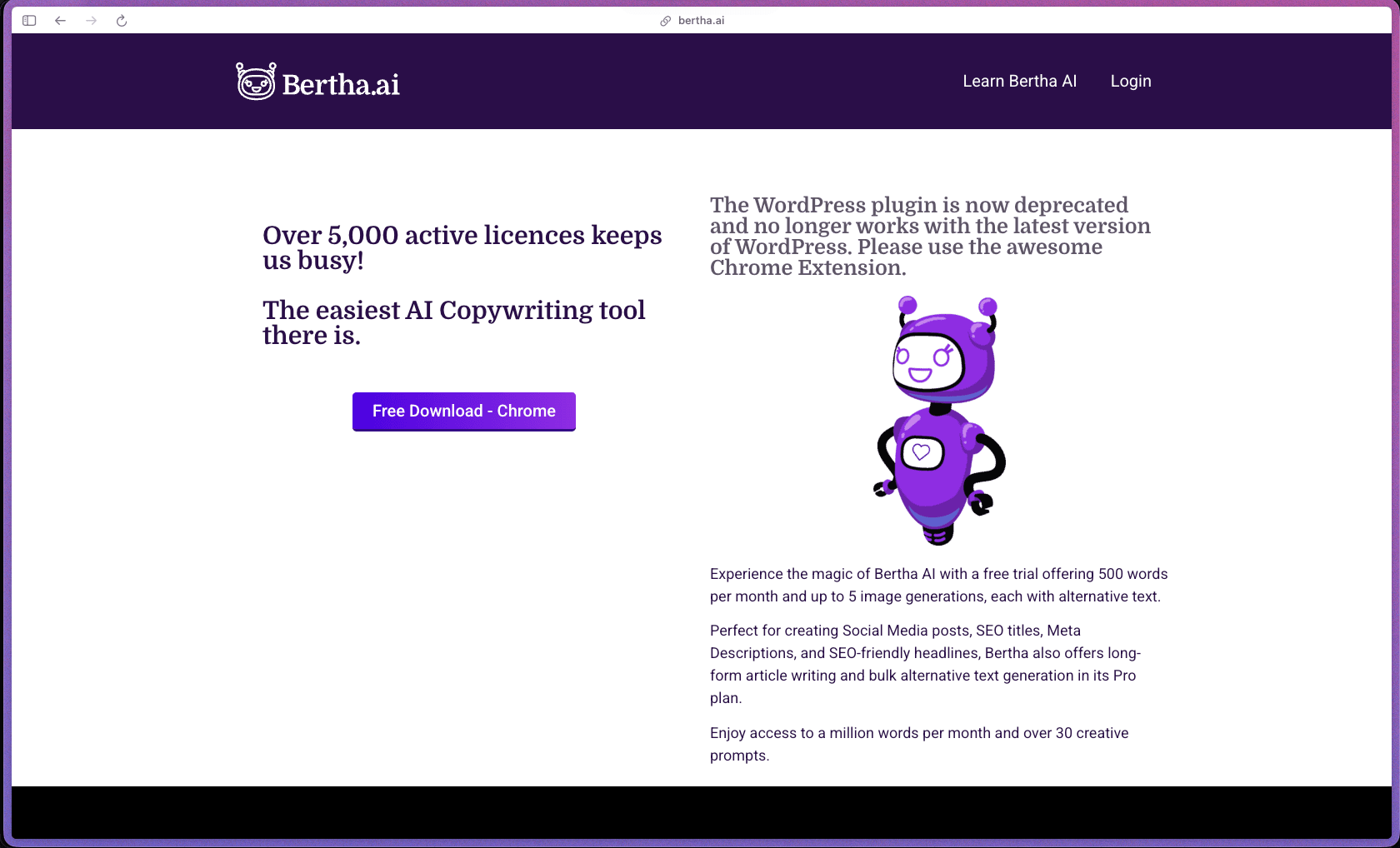 Bertha AI homepage showing AI writing assistant for WordPress and Chrome with 40+ content templates, AI blog post generator, SEO meta description tools, Bertha Art AI image generation with automatic alt text, WooCommerce product description generation, bulk alt text for media library, and Chrome extension for use outside WordPress