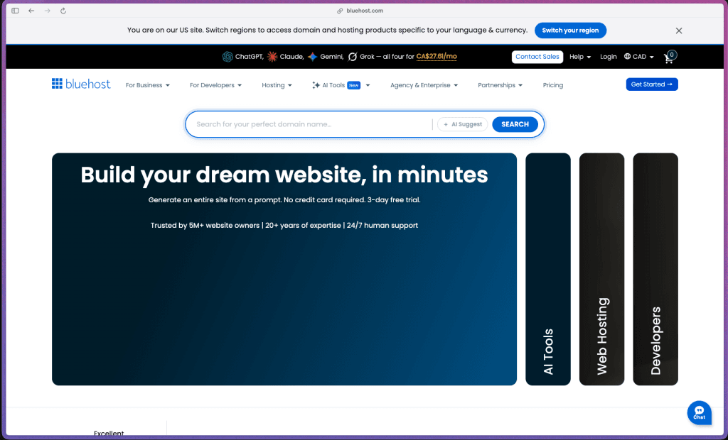 Bluehost homepage showing WordPress hosting plans, AI website builder, free domain offer, and 24/7 support features