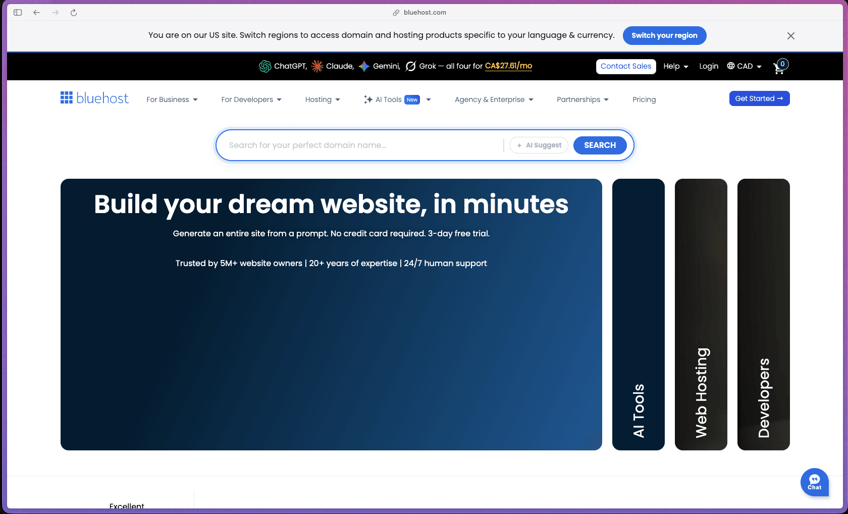 Bluehost homepage showing WordPress hosting plans, AI website builder, free domain offer, and 24/7 support features