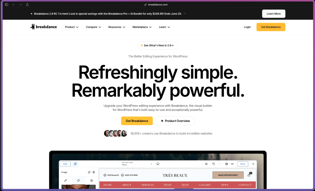 Breakdance homepage showing WordPress visual website builder with 145 built-in elements including header builder, mega menu builder, full WooCommerce store template support, post loop builder, dynamic data for ACF, built-in form builder, popup builder, Element Studio IDE for custom element creation, global styles, scroll animations, Design Library, Client Mode for agency handoff, and unlimited site Pro license