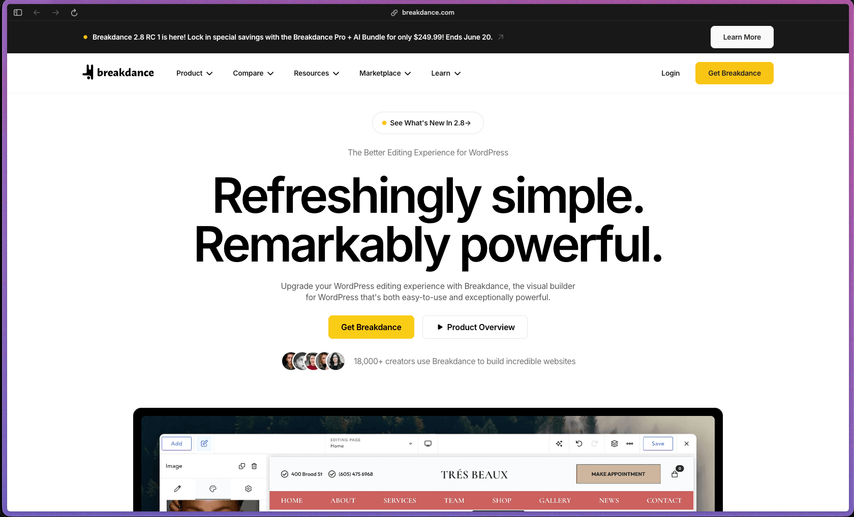 Breakdance homepage showing WordPress visual website builder with 145 built-in elements including header builder, mega menu builder, full WooCommerce store template support, post loop builder, dynamic data for ACF, built-in form builder, popup builder, Element Studio IDE for custom element creation, global styles, scroll animations, Design Library, Client Mode for agency handoff, and unlimited site Pro license