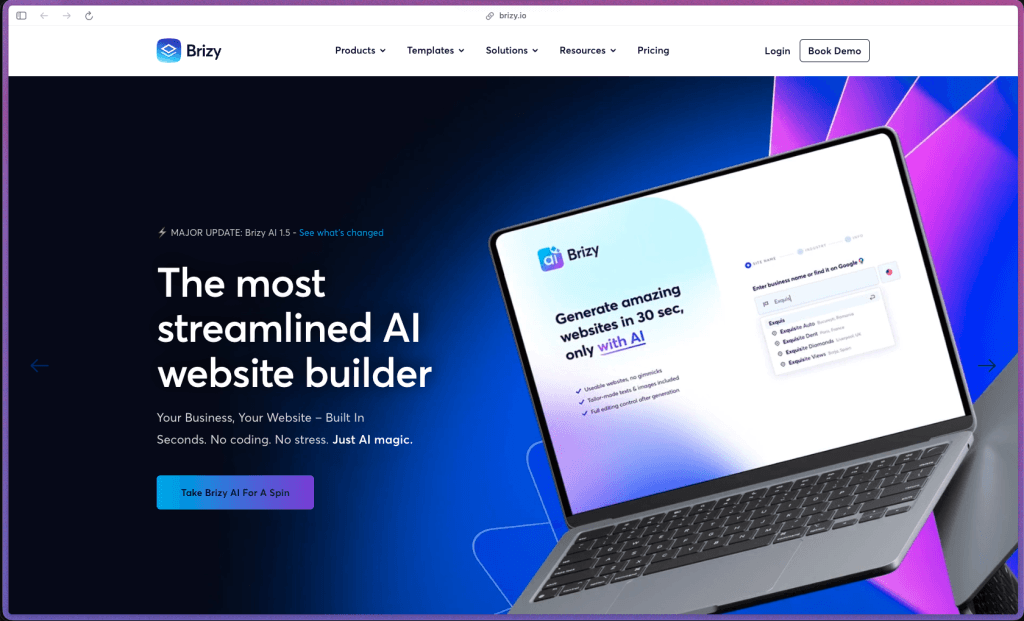 Brizy.io homepage showing no-code website builder available as WordPress plugin and cloud-hosted SaaS platform with AI website generation, 180+ design templates, drag-and-drop editor, built-in form builder, popup builder, WooCommerce integration, white-label branding for agencies, team collaboration tools, client billing via Stripe, AWS hosting with CDN and SSL, and multiple publishing options including custom domain and server sync