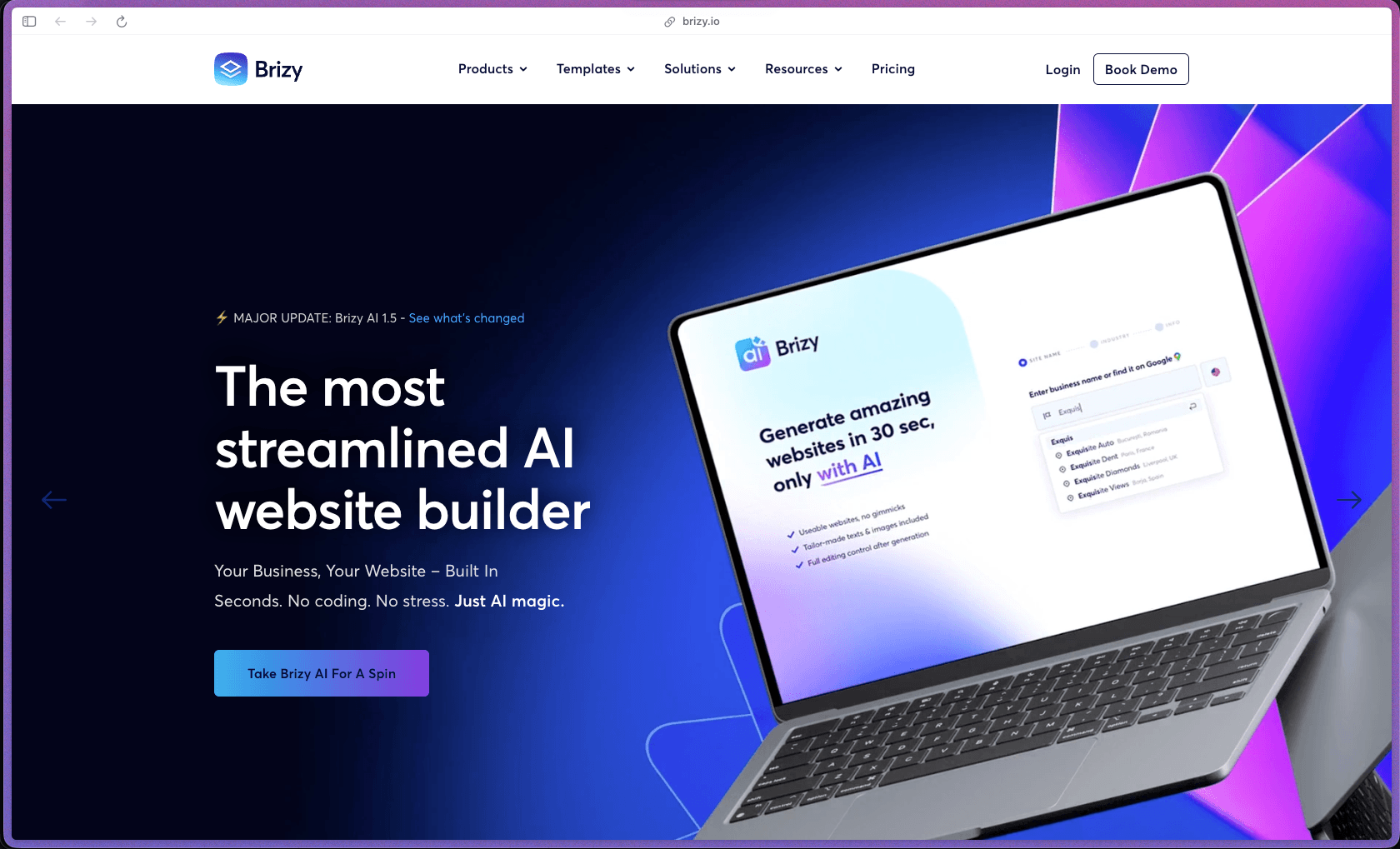 Brizy.io homepage showing no-code website builder available as WordPress plugin and cloud-hosted SaaS platform with AI website generation, 180+ design templates, drag-and-drop editor, built-in form builder, popup builder, WooCommerce integration, white-label branding for agencies, team collaboration tools, client billing via Stripe, AWS hosting with CDN and SSL, and multiple publishing options including custom domain and server sync