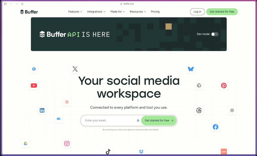 Buffer homepage showing social media scheduling and management platform, with drag-and-drop content calendar, AI writing assistant, unified comment inbox for multi-platform engagement management, bulk CSV scheduling for up to 100 posts, Start Page link-in-bio builder, hashtag manager, Instagram grid preview, Feeds for RSS content curation, campaign tagging, basic and advanced analytics, free plan with no time limit, per-channel pricing with volume discount above 10 channels, and Team plan with unlimited users and permission controls
