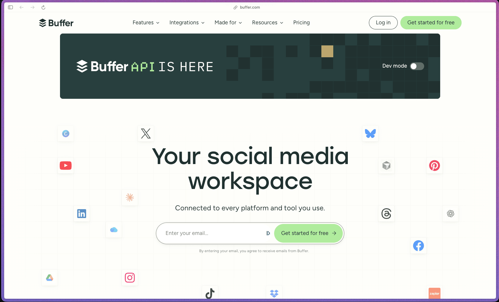 Buffer homepage showing social media scheduling and management platform, with drag-and-drop content calendar, AI writing assistant, unified comment inbox for multi-platform engagement management, bulk CSV scheduling for up to 100 posts, Start Page link-in-bio builder, hashtag manager, Instagram grid preview, Feeds for RSS content curation, campaign tagging, basic and advanced analytics, free plan with no time limit, per-channel pricing with volume discount above 10 channels, and Team plan with unlimited users and permission controls