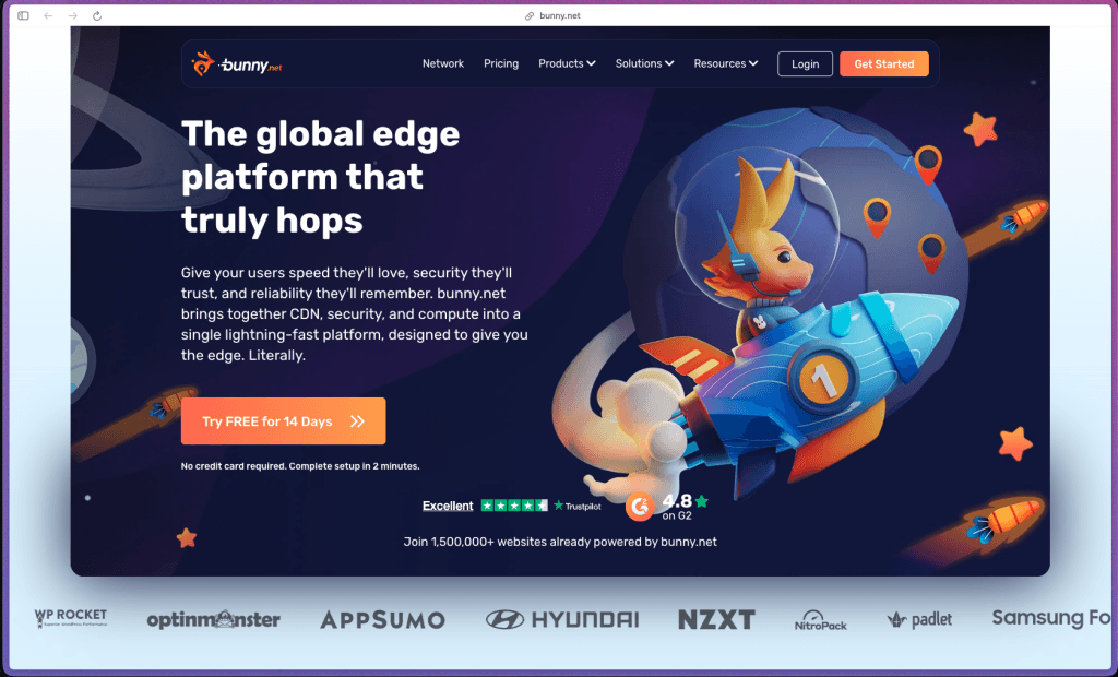 bunny.net homepage showing global edge platform combining CDN with 119 Points of Presence, BunnyStorage with multi-region geo-replication, BunnyStream video hosting with DRM and AI transcription, BunnyOptimizer real-time image processing, BunnyDNS, SafeHop DDoS protection, Edge Scripting serverless compute, Perma-Cache for 100% edge cache hit rate, Origin Shield, Edge Rules for conditional CDN logic, token authentication for secure URL delivery, free SSL, geoblocking and IP access controls, real-time traffic monitoring and raw logs, and usage-based pay-as-you-go pricing with no minimum commitment