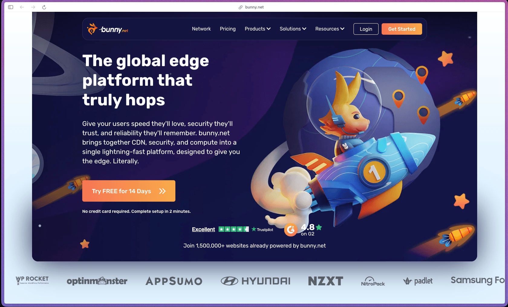 bunny.net homepage showing global edge platform combining CDN with 119 Points of Presence, BunnyStorage with multi-region geo-replication, BunnyStream video hosting with DRM and AI transcription, BunnyOptimizer real-time image processing, BunnyDNS, SafeHop DDoS protection, Edge Scripting serverless compute, Perma-Cache for 100% edge cache hit rate, Origin Shield, Edge Rules for conditional CDN logic, token authentication for secure URL delivery, free SSL, geoblocking and IP access controls, real-time traffic monitoring and raw logs, and usage-based pay-as-you-go pricing with no minimum commitment