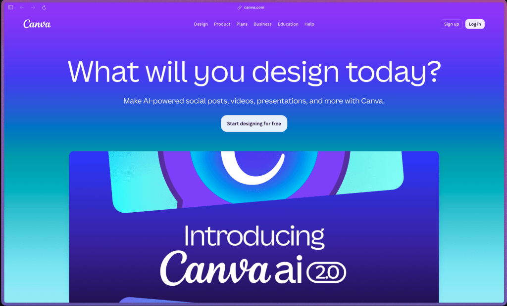 Canva homepage showing no-code graphic design platform with drag-and-drop editor, 1 million-plus templates for social media posts, presentations, video, documents, whiteboards, flyers, business cards, websites and print materials, Magic Studio AI suite including Magic Write, Magic Design, Magic Expand, Magic Eraser, Magic Grab, Magic Edit and Text to Image, Brand Kit with custom logos colors and fonts, Magic Resize for multi-platform design variations, Background Remover, Content Planner for scheduling to 8 social platforms, real-time team collaboration, approval workflows, Brand Controls, team Brand Kits, Version History, Logo Builder, AI Admin Controls, SSO for Enterprise, CMYK print-ready PDF export, and free plan with no time limit