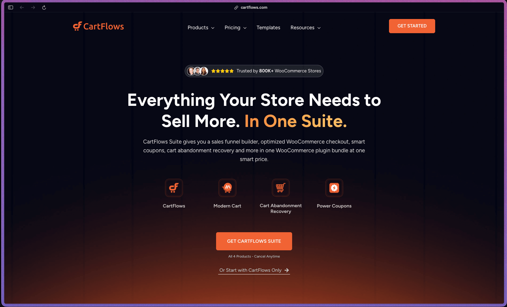 CartFlows homepage showing WooCommerce sales funnel builder plugin with customizable checkout pages replacing the default WooCommerce checkout, one-click post-purchase upsells, pre-checkout and order bump offers, conditional downsells, Rule Engine for dynamic offer routing based on cart contents and purchase history