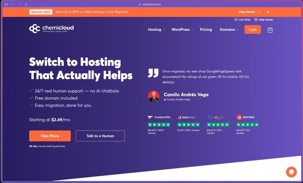 ChemiCloud homepage showing cloud web hosting provider with shared hosting, WordPress hosting, reseller hosting with WHM, and cloud VPS plans running on LiteSpeed web servers