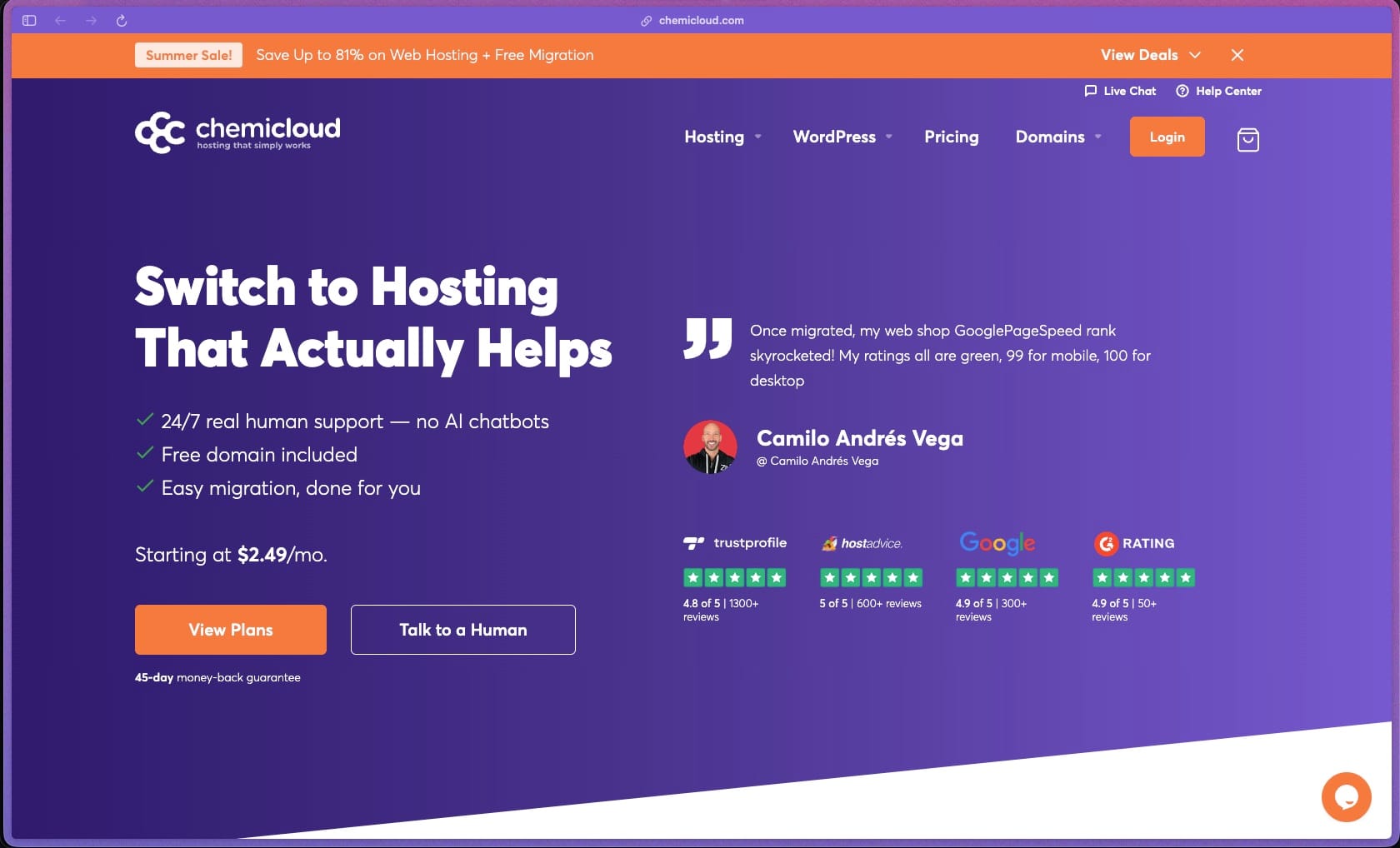 ChemiCloud homepage showing cloud web hosting provider with shared hosting, WordPress hosting, reseller hosting with WHM, and cloud VPS plans running on LiteSpeed web servers